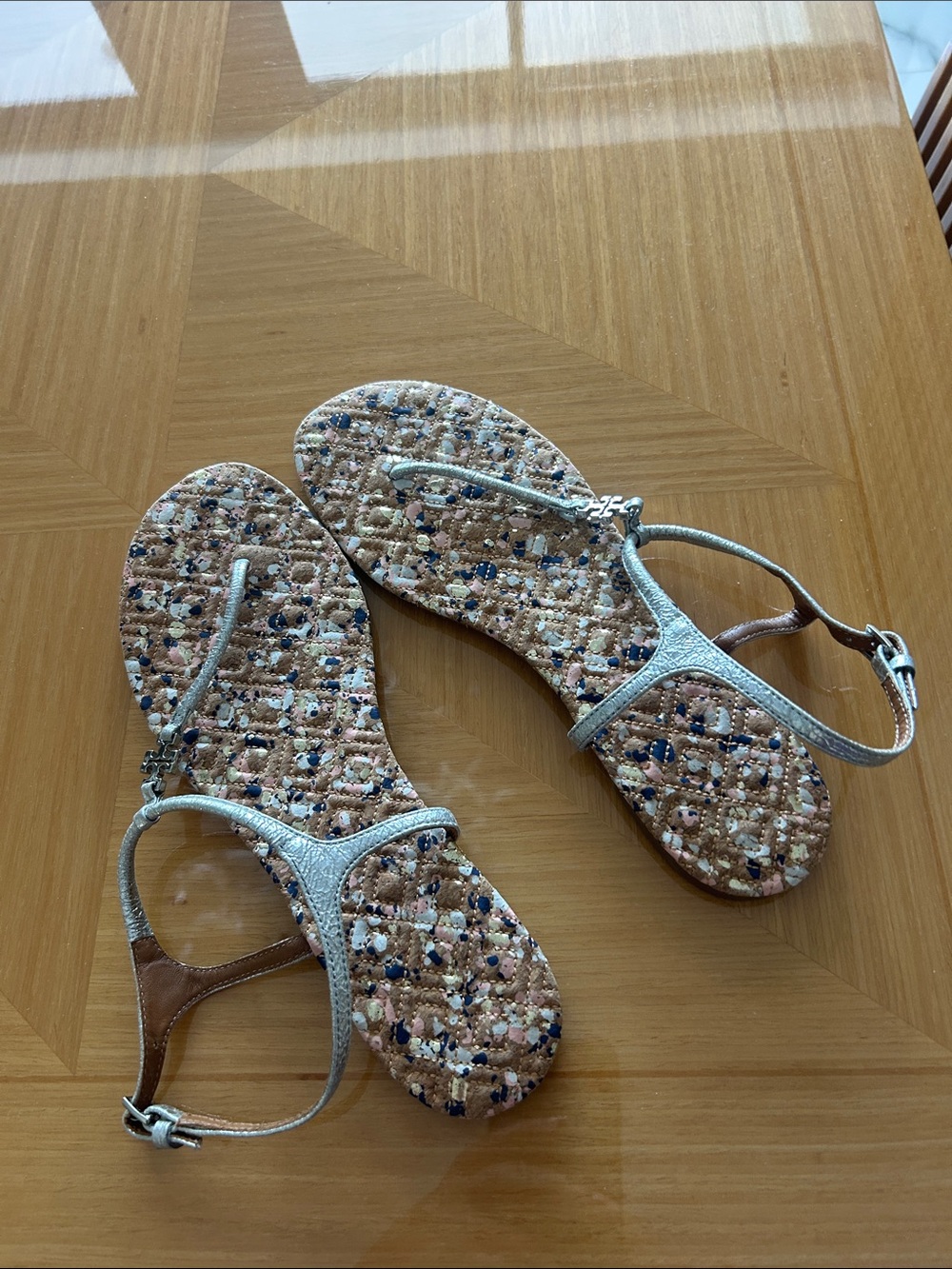 Tory Burch Silver Metallic T-Strap Sandals with Patterned Footbed